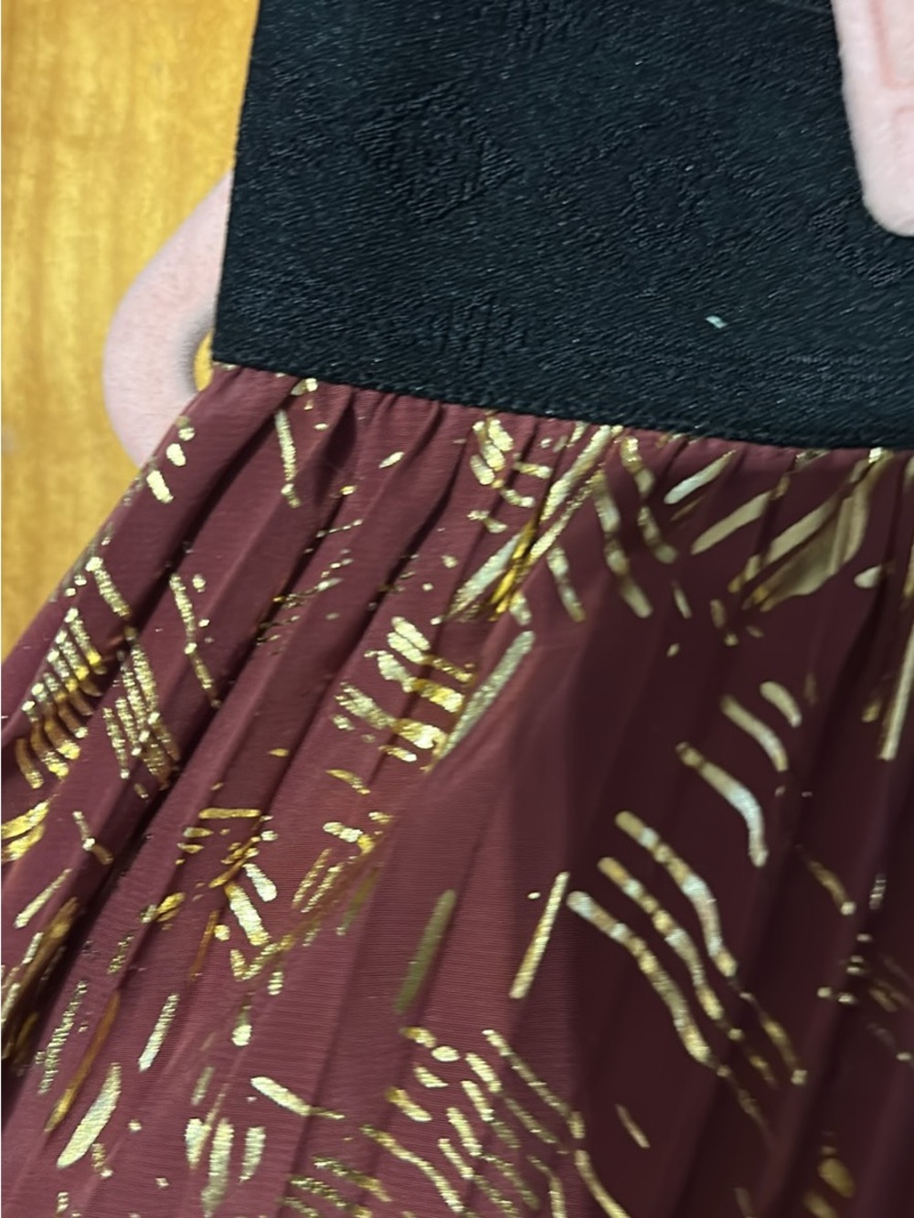 Black & Burgundy Metallic Pleated Skirt with Gold Accents
